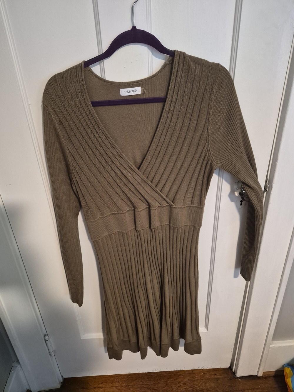 Calvin Klein Olive Ribbed V-Neck Long Sleeve Dress